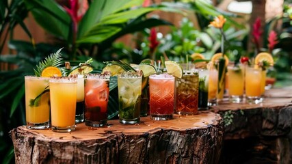Colorful cocktails garnished with fresh fruit and herbs on a tree trunk in a tropical setting. Creating a festive atmosphere perfect for parties. Refreshing citrus flavors ideal for summer gatherings
