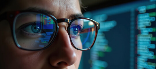 Data specialist or data analyst observes and analyzes lines of code on the screen. Hacker attacks, error correction and digital process analysis