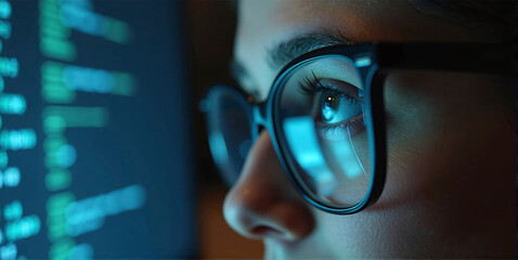 Data specialist or data analyst observes and analyzes lines of code on the screen. Hacker attacks, error correction and digital process analysis