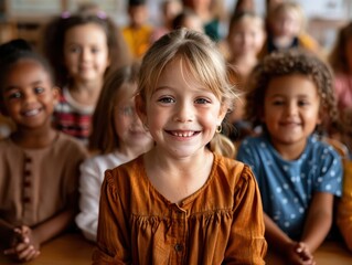 Fototapeta premium Teachers leading diverse classrooms, warm tones, photography, dynamic, educational