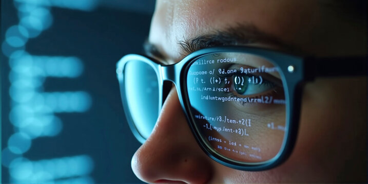 Data specialist or data analyst observes and analyzes lines of code on the screen. Hacker attacks, error correction and digital process analysis