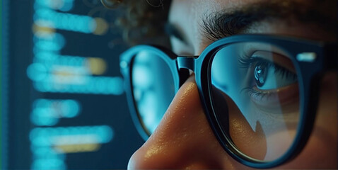 Data specialist or data analyst observes and analyzes lines of code on the screen. Hacker attacks, error correction and digital process analysis