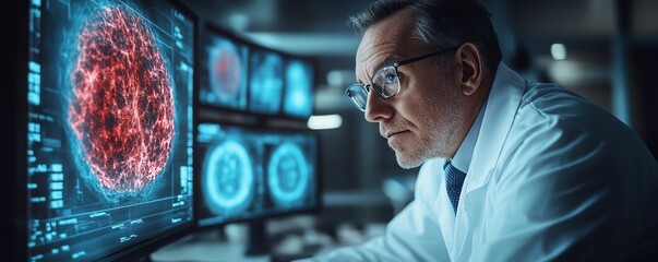 Doctor examining a 3D holographic tumor scan, emphasizing the use of precise medicine and advanced diagnostic techniques, vivid and detailed