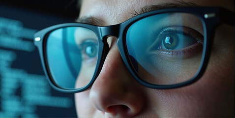 Data specialist or data analyst observes and analyzes lines of code on the screen. Hacker attacks, error correction and digital process analysis