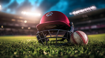 A cricket helmet and ball resting on a grassy field.