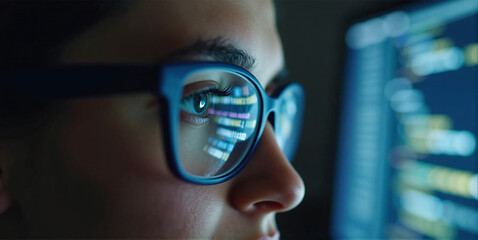 Data specialist or data analyst observes and analyzes lines of code on the screen. Hacker attacks, error correction and digital process analysis