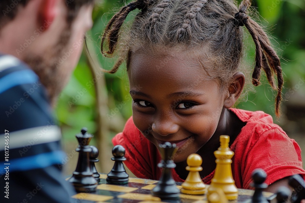 Wall mural little girl smiling and playing chess outdoors with teacher