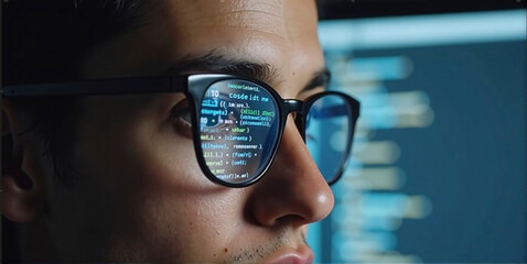 Data specialist or data analyst observes and analyzes lines of code on the screen. Hacker attacks, error correction and digital process analysis