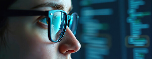 Data specialist or data analyst observes and analyzes lines of code on the screen. Hacker attacks, error correction and digital process analysis