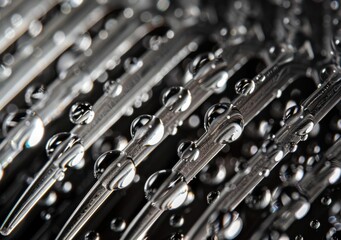 Water droplets on metal surface, macro shot showcasing glistening beads of water on sleek lines Rich textures create a striking visual contrast, enhancing the beauty of the scene