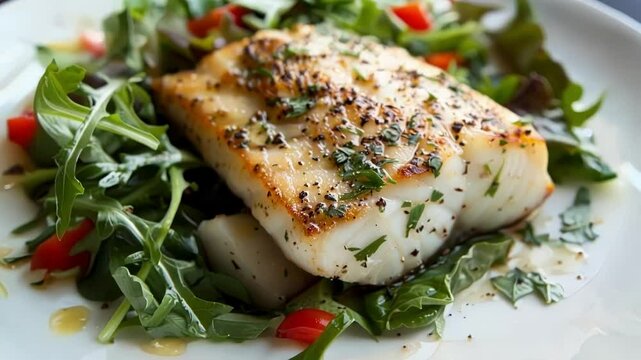 Grilled halibut fillet is being served on a bed of fresh arugula and cherry tomatoes, making for a healthy and delicious meal