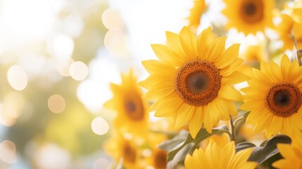 Fototapeta premium Bright sunflower field in full bloom during sunny afternoon, showcasing vibrant yellow flowers and soft bokeh effect in the background.