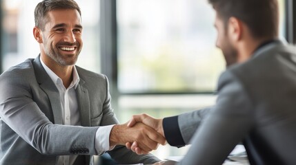 Two businessmen shaking hands in an office, both smiling and looking friendly at each other. The man on the left is wearing a grey suit with a white shirt underneath