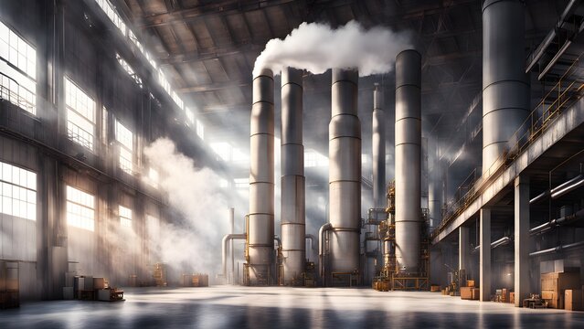 A large industrial factory with tall smoke stacks and steam billowing out.  The factory is lit by the sun shining through large windows and the steam creates a sense of mystery and intrigue.