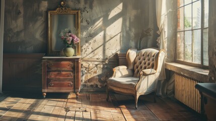 Fototapeta premium Sunlit room with a vintage armchair beside a wooden dresser and large mirror, capturing a rustic yet elegant vibe, showcasing weathered charm and timeless decor style.