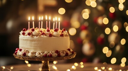 A beautifully decorated cake with lit candles, adorned with red berries, sits on a stand. The background is softly blurred with colorful bokeh lights, adding warmth and festivity.