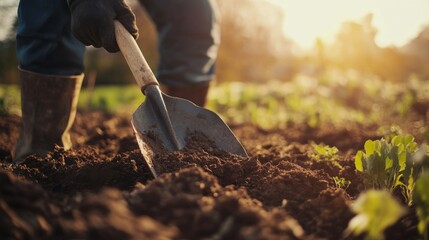 A person using a shovel to dig soil in a garden at sunset, illustrating the themes of farming, hard work, and nature, with sunlight casting warm tones on the scene.