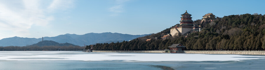Panoramic photo, Winter at the Summer Palace, Panoramic Serenity Over Frozen Kunming Lake, Beijing, China, December 16, 2019