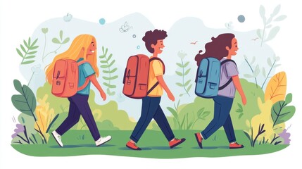 Naklejka premium Three smiling students carrying backpacks walk along a scenic path surrounded by lush greenery, symbolizing adventure and the joy of learning and exploration.