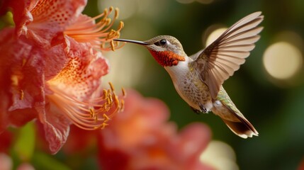 A vivid scene of a hummingbird delicately hovering while feeding on bright orange flowers, showcasing nature’s beauty and elegance amidst a lush green background.