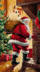 Traditional Christmas Eve Scene with Santa Claus Entering Through the Chimney, Carrying Gifts by the Christmas Tree