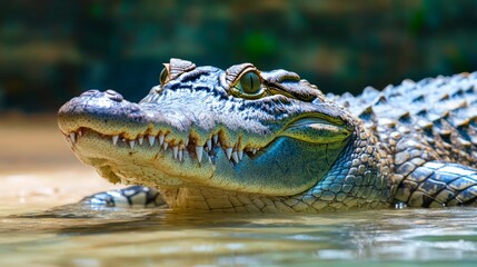 Obraz premium A crocodile emerges from the water with its toothy grin and piercing eyes, representing power and survival instincts in its natural habitat.