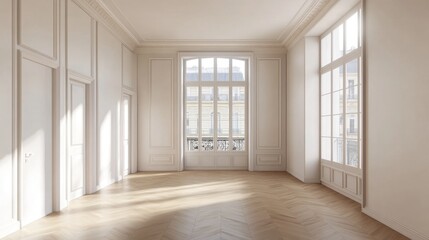 A bright, airy studio with a light-toned parquet floor and large windows for natural light.