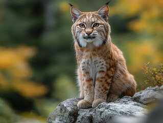Obraz premium regal bobcat perched on a rocky outcrop, surrounded by lush woodland; its piercing gaze and proud posture embody the spirit of wildlife and natural beauty