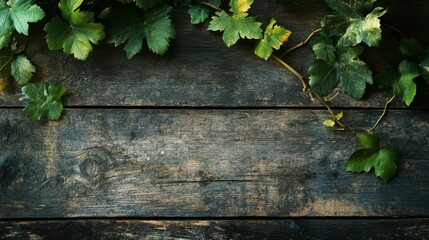 Rustic wine card background with vine leaves and space