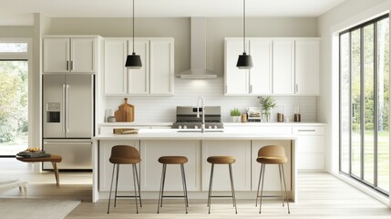 A bright, contemporary kitchen with clean lines, white cabinetry, and stainless steel appliances.
