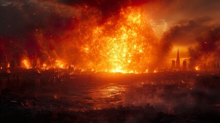 Fototapeta premium Apocalyptic Cityscape: A City in Flames