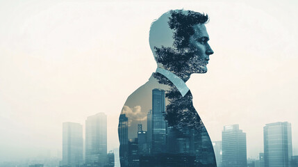 Double exposure of a confident businessman standing, overlaid with a cityscape. The modern skyscraper skyline in the background emphasizes themes of success.