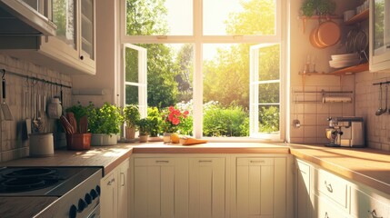 A bright kitchen with a window overlooking a backyard garden, letting in plenty of sunshine.