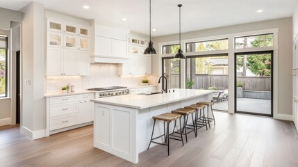 A bright kitchen with light wood flooring, sleek white cabinets, and a central island.