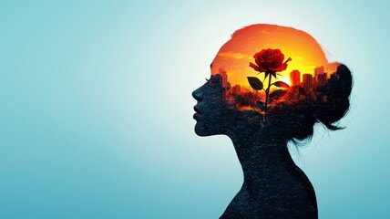 Soulful Fusion - Double Exposure of Woman Profile and Rose with Creative Background