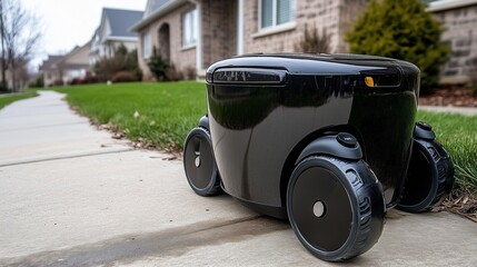 Robots navigating streets sidewalks transporting groceries home delivery. AI generated