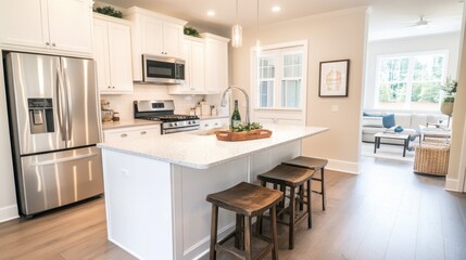 Fototapeta premium A bright kitchen with white shaker cabinets, stainless steel appliances, and an island.