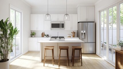 A bright kitchen with white shaker cabinets, stainless steel appliances, and an island.