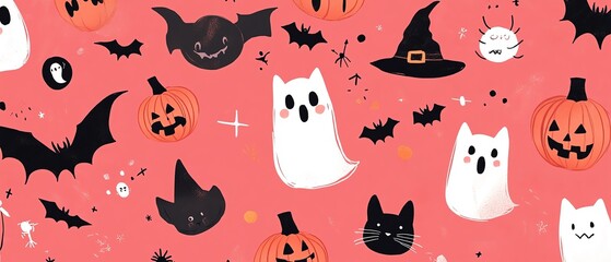 Fototapeta premium Pinkthemed Halloween design with decorative patterns of ghosts, cats, bats, spiders, witch hats, and jackolanterns, offering a unique festive touch