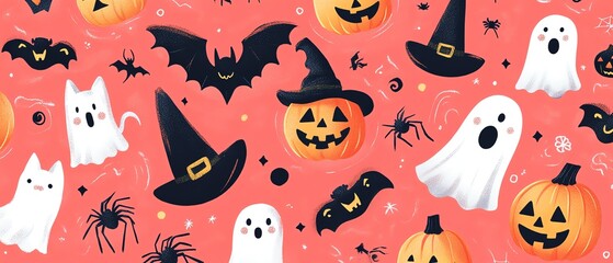 Playful Halloween design in pink, with decorative patterns of ghosts, cats, bats, spiders, witch hats, and jackolanterns for a whimsical touch