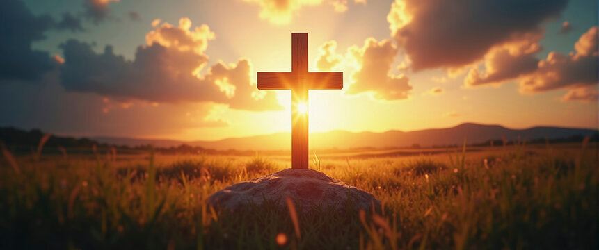 Silhouetted christian cross silhouette on the mountain at sunset