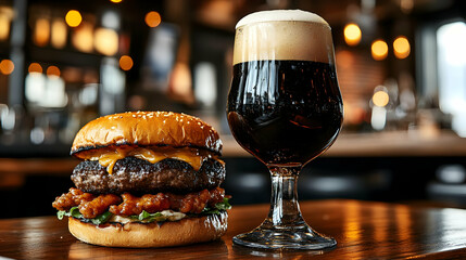 A delicious burger with cheese and a glass of dark beer.