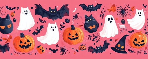 A pink Halloween pattern with an assortment of spooky elements like ghosts, cats, bats, spiders, witch hats, and jackolanterns for a vibrant design