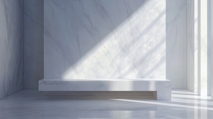 Obraz premium A clean, white marble bench in a minimalist bathroom, reflecting light and creating a serene atmosphere.