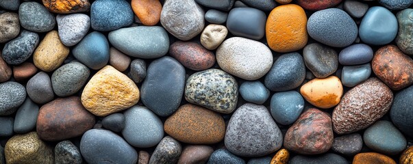 A table surface covered with an array of stones and pebbles, meticulously arranged side by side to create a natural and calming display