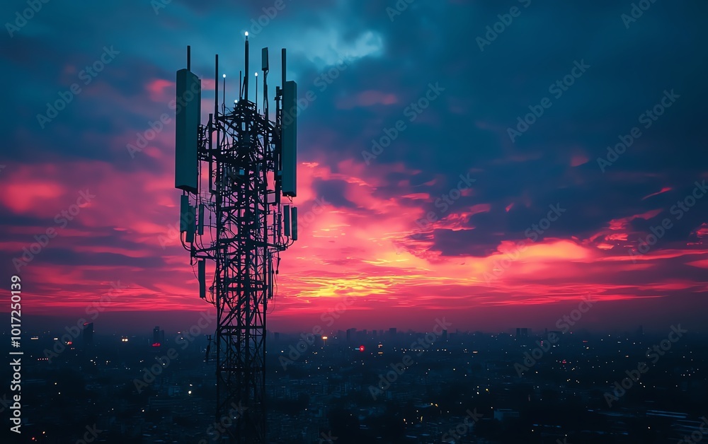Poster a 5g base station receiver on a sleek telecom tower, with vibrant network connections radiating acro