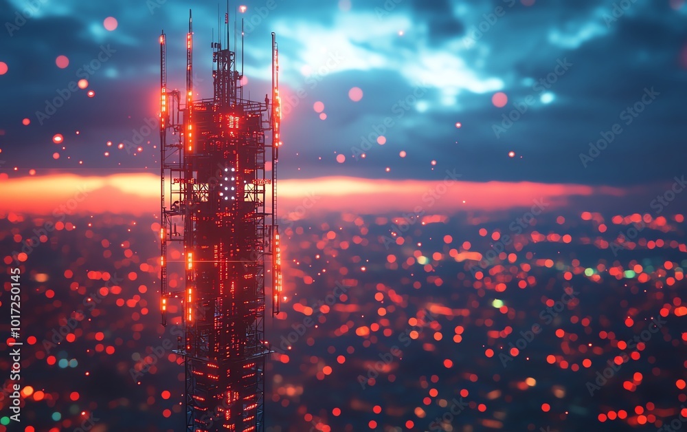 Poster a 5g base station receiver on a sleek telecom tower, with vibrant network connections radiating acro