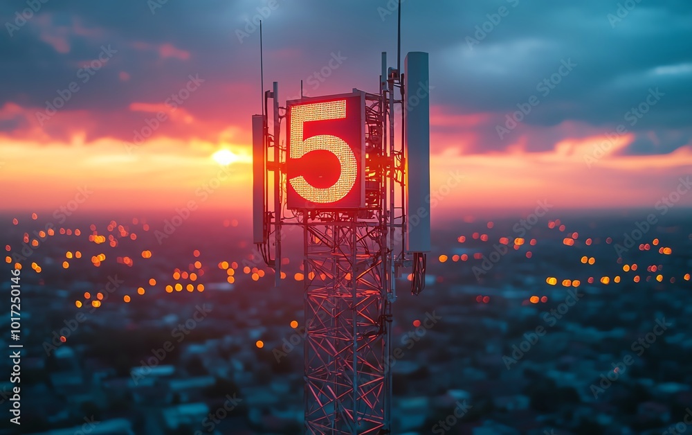 Poster a 5g base station receiver on a sleek telecom tower, with vibrant network connections radiating acro