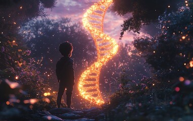Obraz premium A child gazes in awe at a shimmering DNA helix floating amidst a serene, lush garden, symbolizing the balance of nature and gene editing under the twilight glow