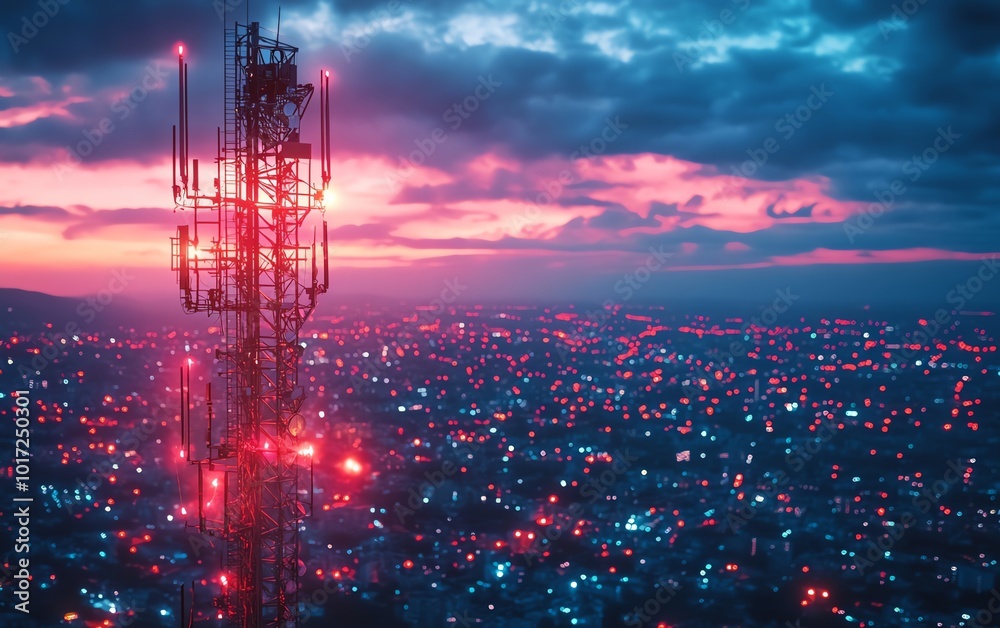 Poster a cuttingedge 5g base station receiver on a telecom tower, with luminous network connections stretch